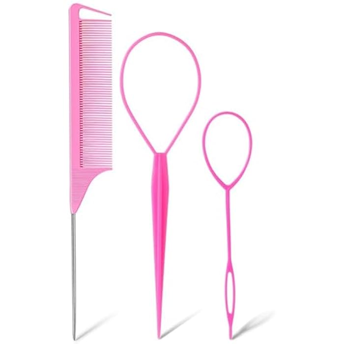 chenqi Hair Braiding Tool, Ponytail Holders, 3pcs Topsy Tool French Braid Loop Hair Tools for Ponytail Hair Looping Tool Hair Twister for Women Girl,Hair Styling Accessories Pink - Image 1